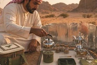 A man in a ghutra pouring coffee in the desert