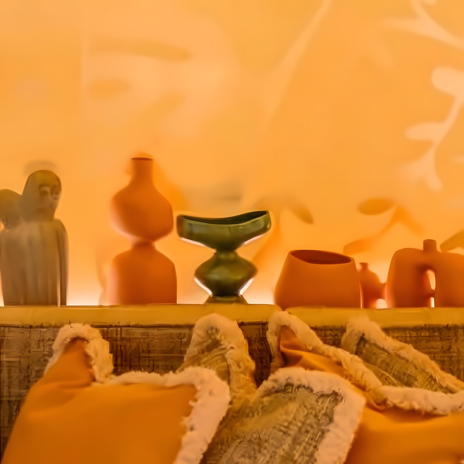Terracotta vases on a fringed banquette at Somewhere in Abu Dhabi