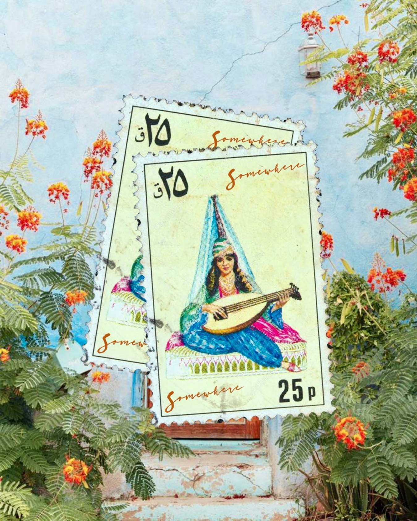 Somewhere postage stamps against a blue wall with flame-tree flowers