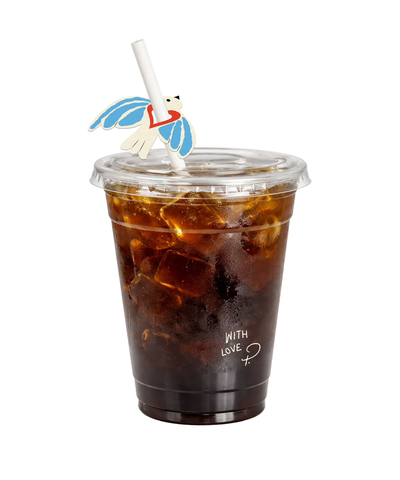 An iced coffee with a bird on the lid