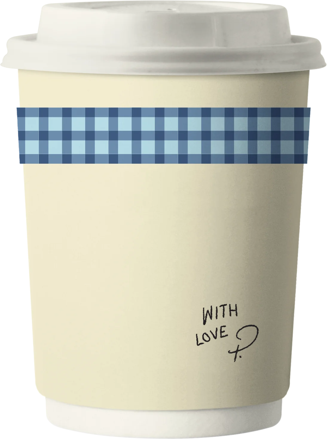 A hot coffee in a gingham cup